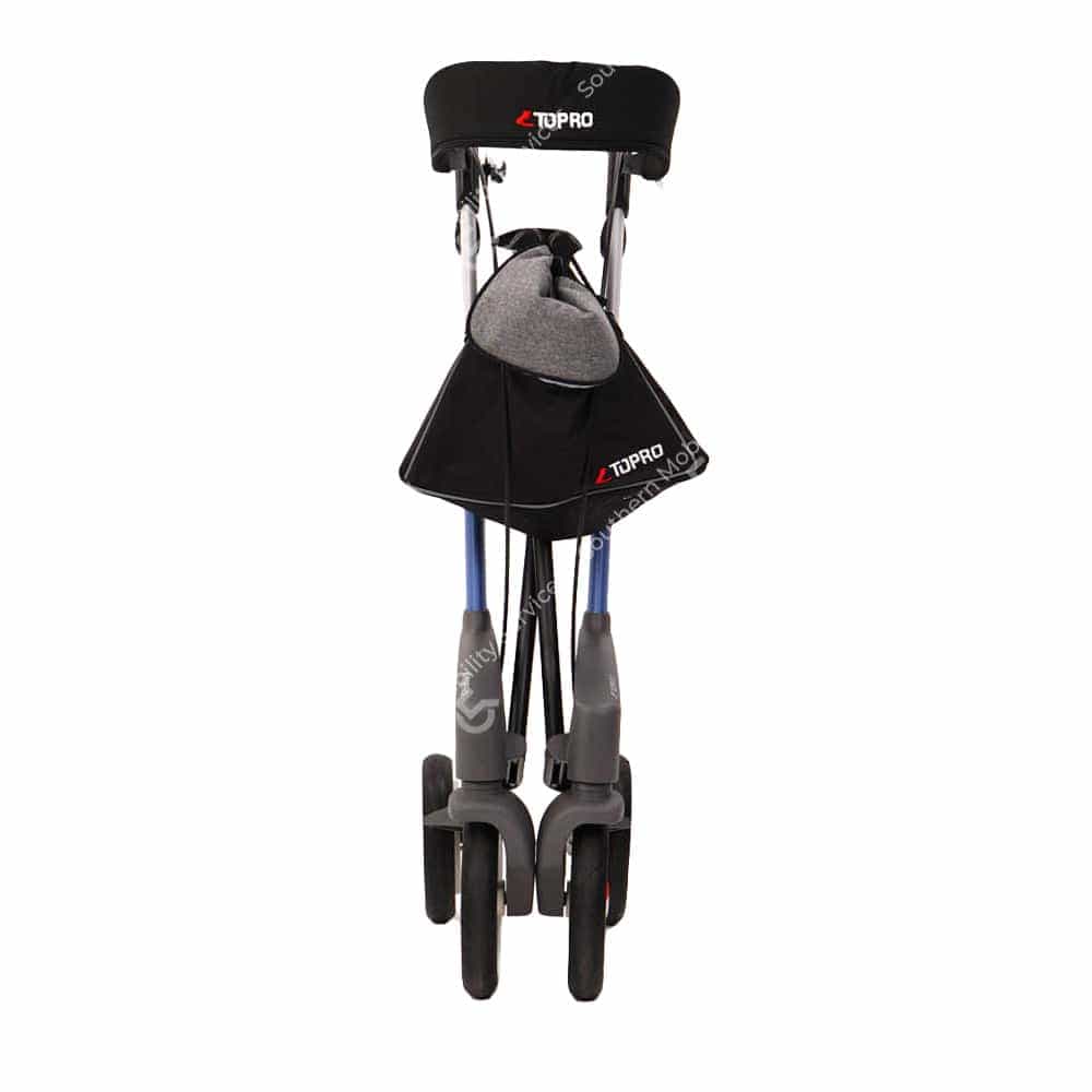 a black and grey rollator with a hat on it